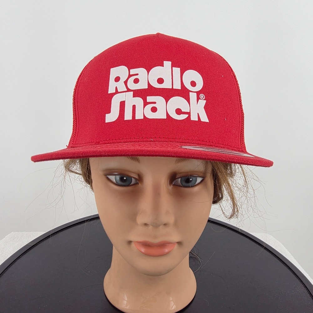 RadioShack Red Snapback Trucker Hat Yupoong Retro Tech Logo Mesh Cap Mens OSFM